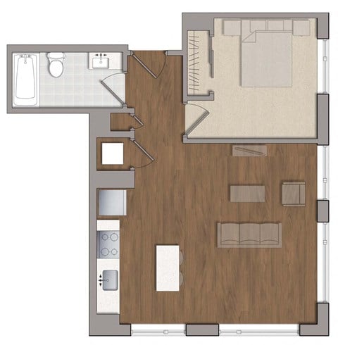 Floor plan for 1 bed, 1 bath, 624 sqft